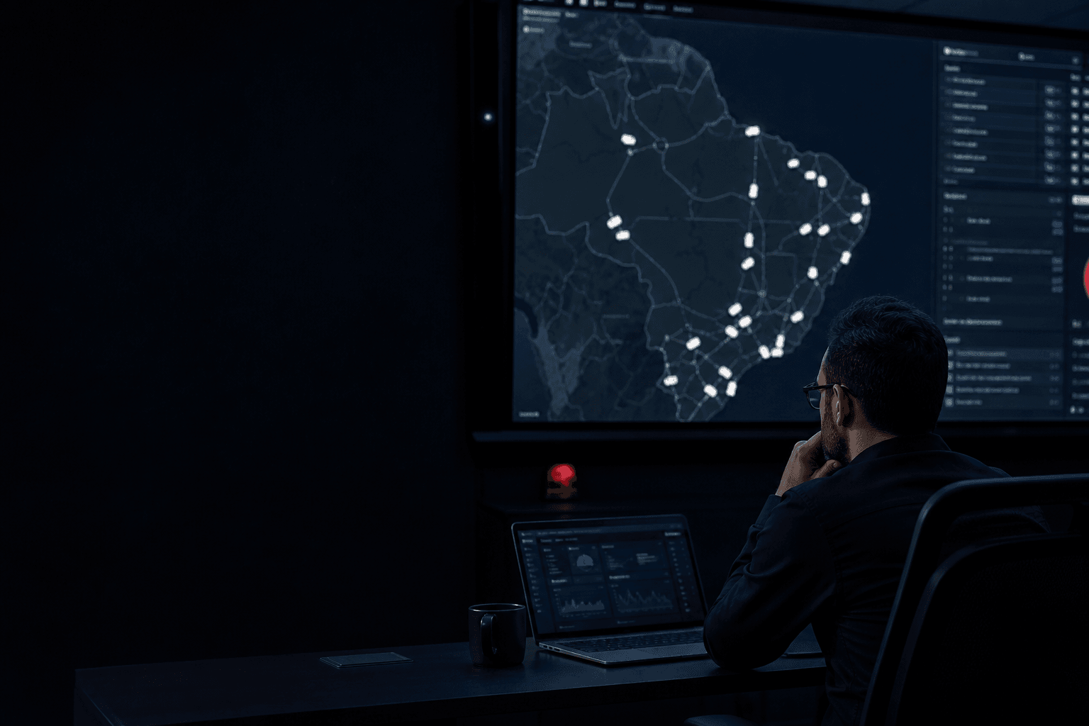 Painel de rastreamento veicular com mapa da frota e posição dos veículos