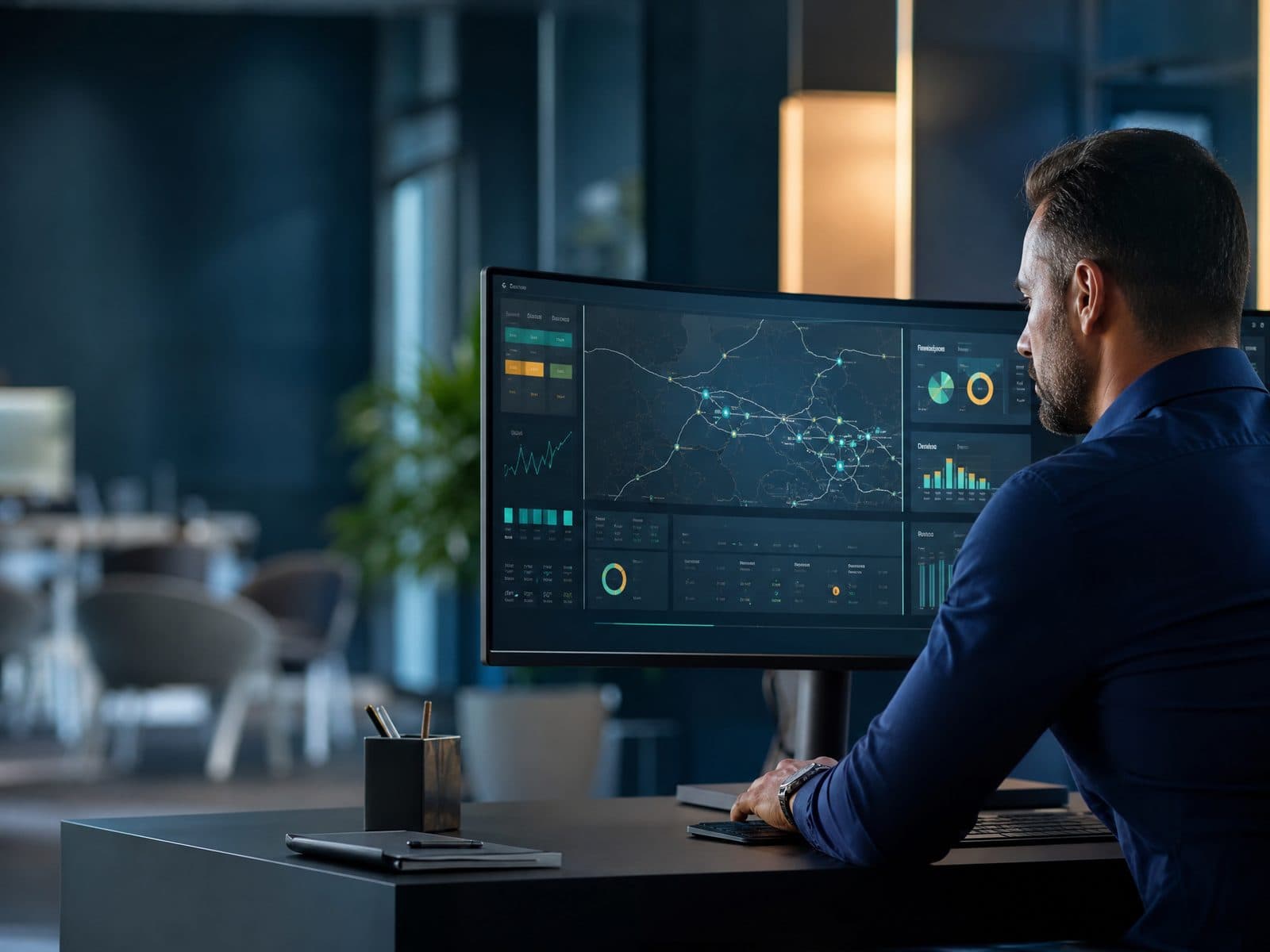 Gestor analisando dashboard de telemetria e desempenho da frota ACMON